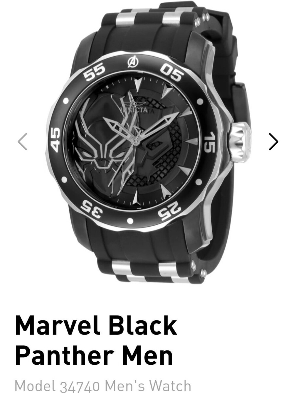 Invicta Black and Silver Marvel Black Panther Men's Watch 48mm Model#34740